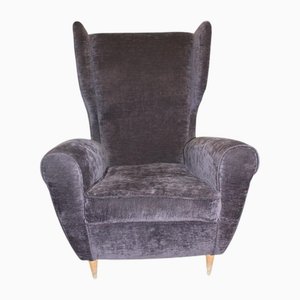 Butaca de orejas italiana de terciopelo gris de Paolo Buffa, años 50
