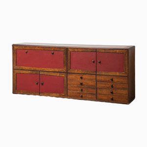 Red Leather and Wood Sideboard, 1960s