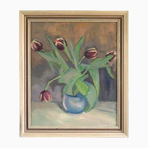 Tulipani in un vaso blu, dipinto ad olio, con cornice