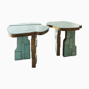 Italian Blue Turquoise Side Tables in Ceramic and Brass, 1990s, Set of 2