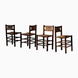Chaises Vintage en Pin et Paille Tissée, 1950, Set de 4