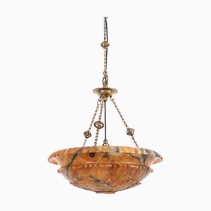 Antique Hand-Carved Orange Alabaster Hanging Light, 1890s