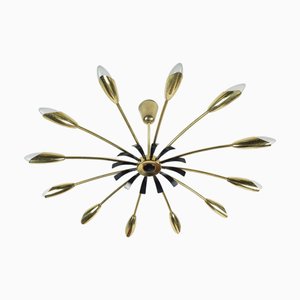 Lampada da soffitto grande Sputnik Spider Mid-Century a 12 braccia in ottone e metallo nero, anni '50
