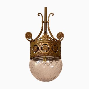 Lámpara colgante antigua estilo Imperio con esfera de vidrio tallado, Italia, principios de 1900