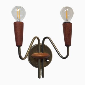 Mid-Century Danish Teak and Brass Double Wall Lamp, 1950s