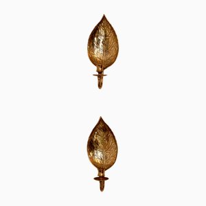Vintage Hammered Brass Leaf Sconces, Set of 2