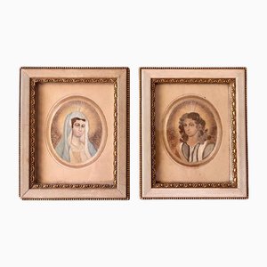 Religious Embroidered Portraits, 17th Century, Set of 2