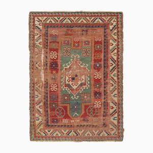 Tappeto antico tribale kazako con medaglione geometrico rosso e blu