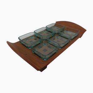 Teak Tray with Glass Bowls by Jens Quistgaard for IHQ Dansk Designs, 1960s, Set of 7