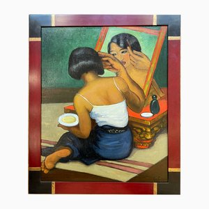 Léa Lafugie, Young Siamese Woman at Her Dressing Table, 1920s-1940s, Oil on Panel