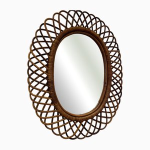 Mid-Century Modern Italian Oval Rattan and Bamboo Mirror attributed to Franco Albini