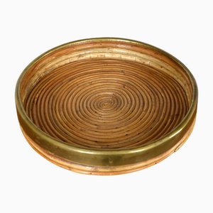 Rattan, Cane and Brass Tray Basket by Vivai Del Sud, Italy, 1970s