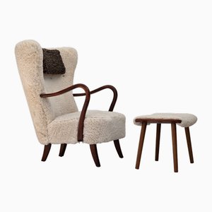 Set of Danish Armchair and Ottoman by A. Christensen for Slagelse Møbelværk in Sheepskin, 1960s