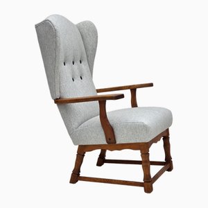 Danish High Back Armchair in Wool and Oak, 1950s