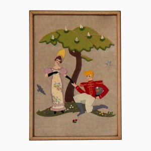 Vintage Handcrafted Embroidered Scene of British Royal Guard Courting a Lady, 1930s