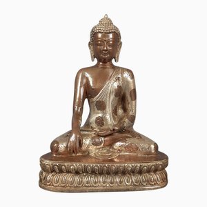 Vintage Two-Tone Copper & Silver Brass Lotus Buddha Statue, 20th Century