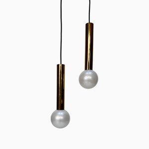 Minimalist Cylindrical Brass Hanging Lamps with Pearlized Look Glass Balls by Motoko Ishii for Staff-Leuchten, West Germany, 1960s, Set of 2