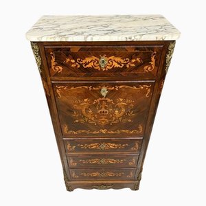 Napoleon III Lady's Secretary in Precious Woods Marquetry with Floral Scrolls and Vase