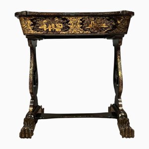 Napoleon III Lacquered Worktable in Blackened Wood with Chinese Scenes, 1850s