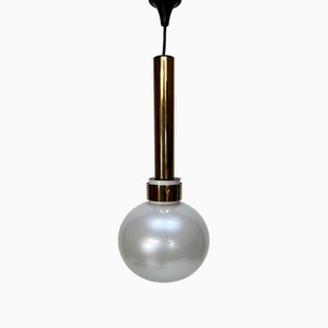 Large Minimalist Cylindrical Brass Metal Pendant with Pearlized Look Glass Ball by Motoko Ishii for Staff-Leuchten, West Germany, 1960s