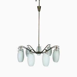 Monza 9-Light Chandelier in Brass and Opaline Glass from Arredoluce, Italy, 1950s