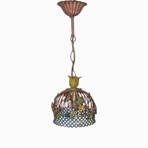 Vintage Florentine Painted Leaf-Covered Basket Suspension, 1970s