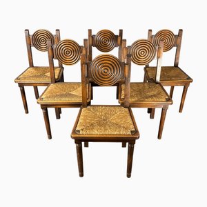Chaises de Salle à Manger en Bois Tourné et Jonc dans le style de Charles Dudouyt, France, 1950s, Set de 6
