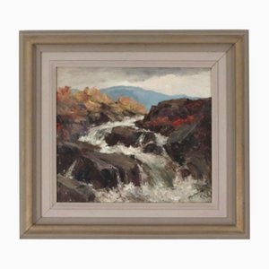 Åke Ahmlund, Paesaggio con cascata, anni '60, Olio su tavola, con cornice