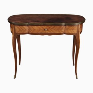 Small Antique Ladies Writing Desk in Walnut and Brass with Leather Top, 1920s