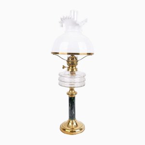 Lampada a cherosene in ottone e vetro opalino bianco di Funen Glasværk, fine XIX secolo
