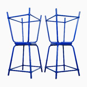 French Bright Blue Wide Laboratory Stools, Set of 4
