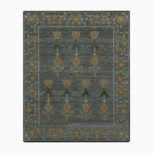 Block Print Rug in Teal and Gray Tones with Whimsical Floral Pattern by Rug&Kilim