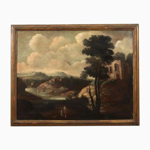 Paisaje con edificio y figuras, óleo sobre lienzo