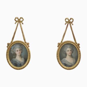 French Artist, Louis XVI Style Portraits, 19th Century, Pastel Drawings, Framed, Set of 2