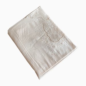 Beige Tischdecke aus handbesticktem Leinen, 1900er