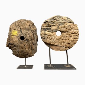 Wooden Pulley Wheels Mounted on an Iron Base, 1800s, Set of 2