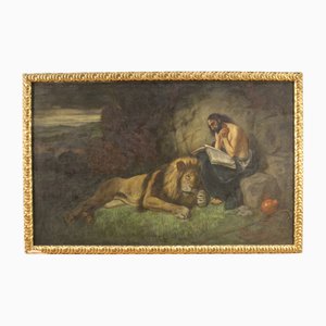 Italian Religious Artist, Saint Jerome with Lion, 1950, Mixed Media on Canvas
