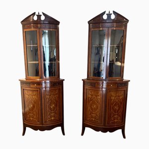 Antique Edwardian Mahogany Marquetry Inlaid Corner Cabinets, 1900s, Set of 2