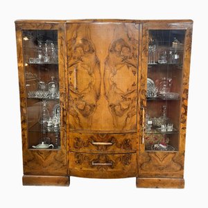 Art Deco Sideboard in Burl Wood with Hand-Frosted Glass Depicting Female Figures and Bakelite Handles, 1940s