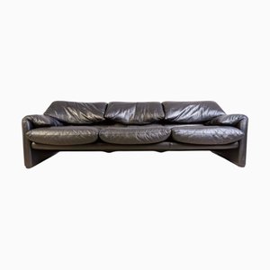 Maralunga Sofa in Black Leather by Vico Magistretti for Cassina