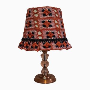 French Art Deco Copper Table Lamp with Pink-Tinted Glass Base and Handmade Fabric Shade, 1930s