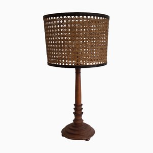 Lampada da tavolo Art Déco in faggio tornito con paralume in vimini, Germania, anni '30