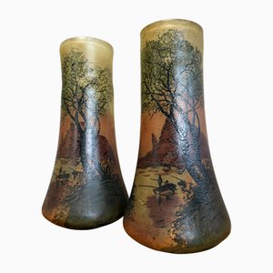Tinted Glass Roller Vases with Lakeside Landscape and Fishermen after Legras, 1890s, Set of 2