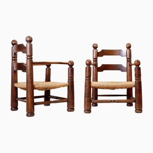 Ladder Back Armchair in Oak and Rush Seat from Charles Dudouyt, France, 1940s, Set of 2