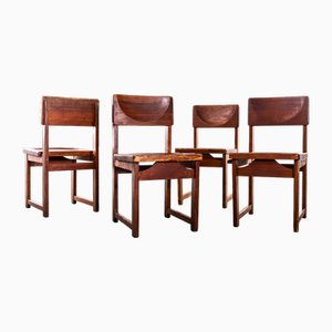 Mid-Century Pitch Pine Cube Dining Chairs, 1950s, Set of 4