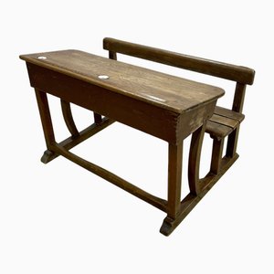 Oak School Desk with Porcelain Inkwells, 1890s