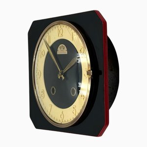 French Formica Wall Clock with Brass and Red Detail from FFR, 1950s