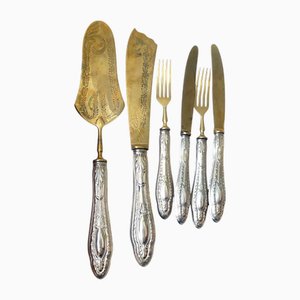 French Silver-Plated Dessert Cutlery with Brass Top, 1920s, Set of 14