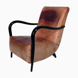 Mid-Century Italian Sculptural Leather and Curved Wood Armchair, 1950sx
