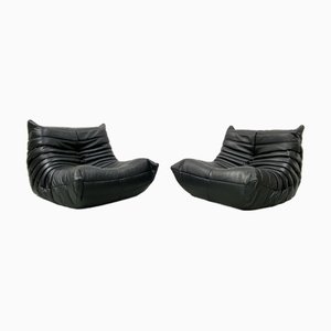 Poltrone Togo in pelle nera attribuite a Michel Ducaroy per Ligne Roset, set di 2